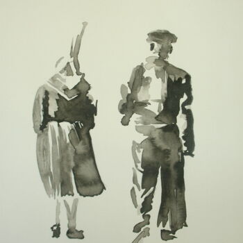 Painting titled "Couple de Bretons" by Hélène Avot, Original Artwork, Ink