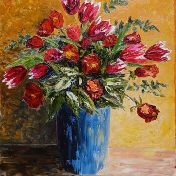 Painting titled "Roses et tulipes ro…" by Hélène Gastin-Mozol, Original Artwork, Oil Mounted on Wood Stretcher frame