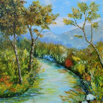 Painting titled "La Sorgue et les mo…" by Hélène Gastin-Mozol, Original Artwork, Oil Mounted on Wood Stretcher frame