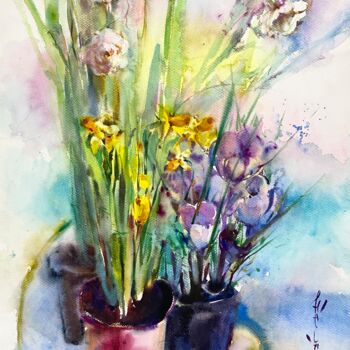 Pintura titulada "Spring flowers" por Helene Manoli, Obra de arte original, Acuarela