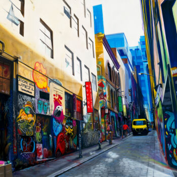 Painting titled "Hosiers Lane - Melb…" by Helen Mitra, Original Artwork, Oil Mounted on Wood Stretcher frame