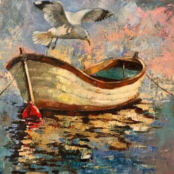 Schilderij getiteld ""White boat with a…" door Helga Balaban, Origineel Kunstwerk, Olie
