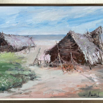 Painting titled "Fisherman's hut" by Henadzy Havartsou, Original Artwork, Oil Mounted on Wood Stretcher frame