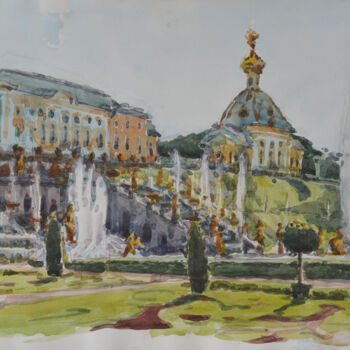 Painting titled "Fountains. Peterhof" by Hennadii Volokitin, Original Artwork, Watercolor