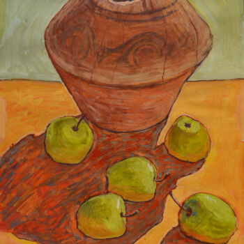 Painting titled "Jug and apples" by Hennadii Volokitin, Original Artwork, Gouache