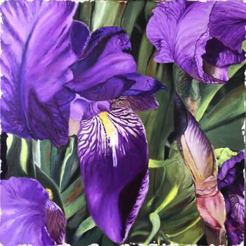 Malerei mit dem Titel "Les grands iris" von Henri Lequerré, Original-Kunstwerk, Öl Auf Keilrahmen aus Holz montiert