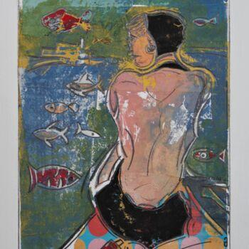 Impressões e gravuras intitulada "Rose et les poisson…" por Hervé Marchelidon, Obras de arte originais, Linoleogravura