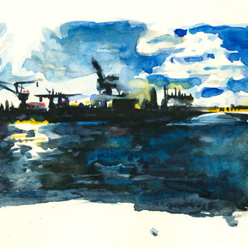 Malerei mit dem Titel "Hamburg Hafen" von Holger Entenmann, Original-Kunstwerk, Aquarell