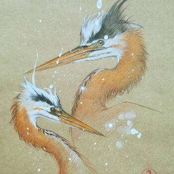 "A pair of herons" başlıklı Resim Hongtao Huang tarafından, Orijinal sanat, Kalem