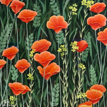 Painting titled "Wild Poppies" by Hongz Neher, Original Artwork, Acrylic Mounted on Wood Stretcher frame