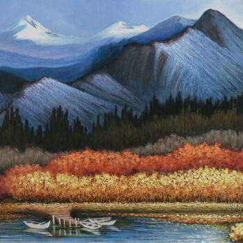 Painting titled "Autumn Lakeside" by Hongz Neher, Original Artwork, Acrylic Mounted on Wood Stretcher frame