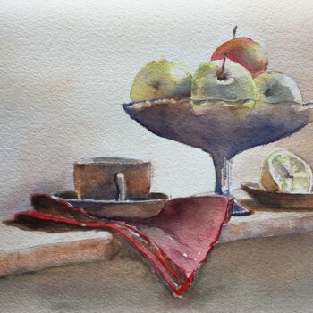 Schilderij getiteld "Citrons et Pommes" door Horacio Cobas, Origineel Kunstwerk, Aquarel