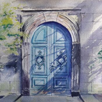 Painting titled "Blue Door" by Horacio Cobas, Original Artwork, Watercolor