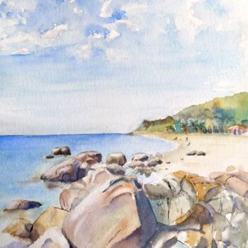 Painting titled "Rocks on the Beach" by Horacio Cobas, Original Artwork, Watercolor