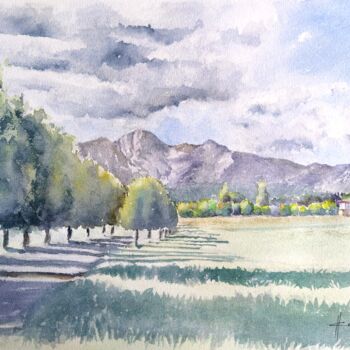 Schilderij getiteld "Field and Mountains" door Horacio Cobas, Origineel Kunstwerk, Aquarel