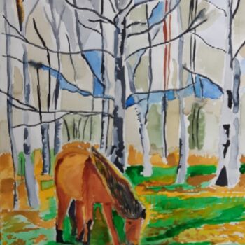 Painting titled "The Lonly Horse" by I Khan, Original Artwork, Watercolor