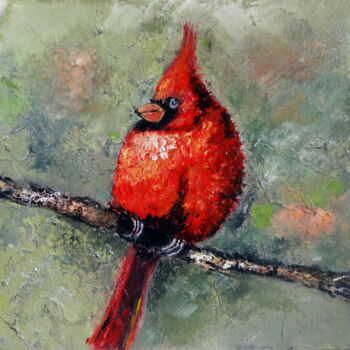 Schilderij getiteld "Red Cardinal Bird T…" door Indrani Ghosh, Origineel Kunstwerk, Olie Gemonteerd op Andere stijve panelen
