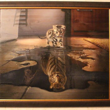 Ζωγραφική με τίτλο "Отображение кошки в…" από Игорь Сурков, Αυθεντικά έργα τέχνης, Λάδι
