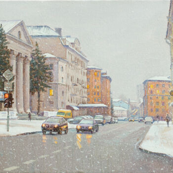 Painting titled "Winter city" by Igor Sventitski, Original Artwork, Oil Mounted on Wood Stretcher frame