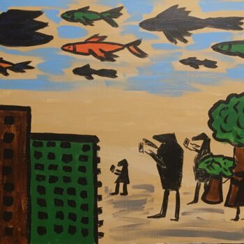 Peinture intitulée "Рыбы над городом" par Imar, Œuvre d'art originale, Acrylique
