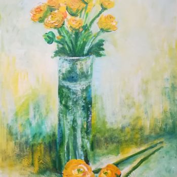 Painting titled "fleurs jaunes" by Muxian Declerck, Original Artwork, Oil