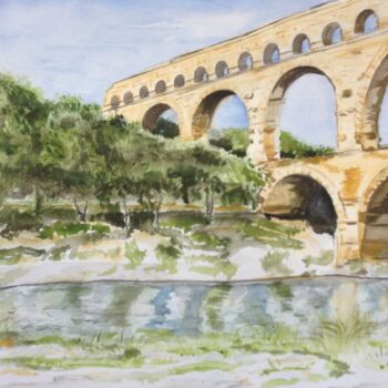 Painting titled "Le pont du Gard" by Graywolf Rm (Indian Héritage Arts), Original Artwork, Watercolor