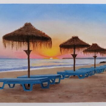 Pintura intitulada "Pôr do Sol na Praia…" por Inês Dourado, Obras de arte originais, Óleo