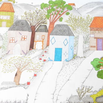 「Village Coloré」というタイトルの描画 Ingrid Clergeaudによって, オリジナルのアートワーク, 鉛筆