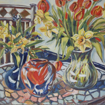 Painting titled "Tulips and Daffodils" by Ingrid Dohm, Original Artwork, Acrylic