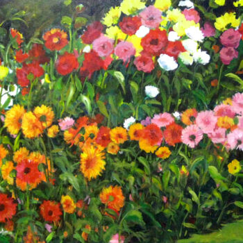 Schilderij getiteld "Dahlias" door Ingrid Dohm, Origineel Kunstwerk, Acryl