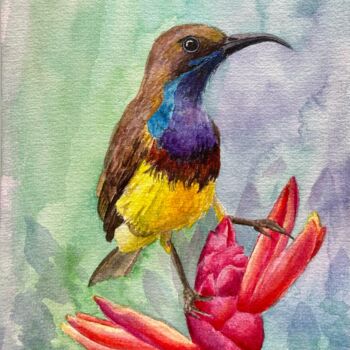 Painting titled "Olive-backed sunbird" by Inna Martynenko, Original Artwork, Watercolor