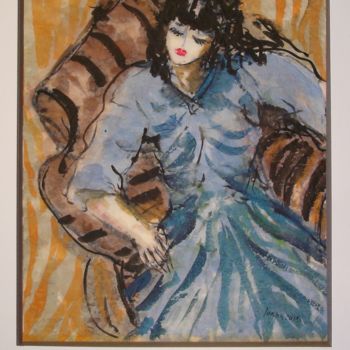 Malerei mit dem Titel "dame en bleu dans u…" von Ioana, Original-Kunstwerk, Gouache