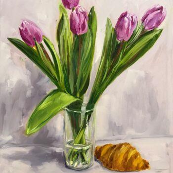 Malerei mit dem Titel "tulips and croissant" von Iryna Karpiak, Original-Kunstwerk, Öl