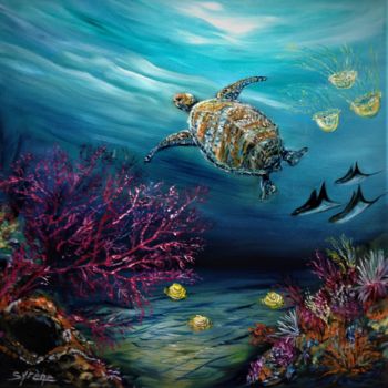 Painting titled "Tortue et raies Man…" by Syrène, Original Artwork, Oil