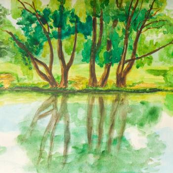 Malerei mit dem Titel "Willow trees with r…" von Irina Afonskaya, Original-Kunstwerk, Aquarell