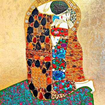 「The Kiss Klimt - GE…」というタイトルの絵画 Irina Bastによって, オリジナルのアートワーク, モザイク ウッドストレッチャーフレームにマウント