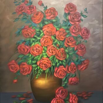 Malarstwo zatytułowany „Red Roses” autorstwa Irina Gauss, Oryginalna praca, Olej Zamontowany na Drewniana rama noszy