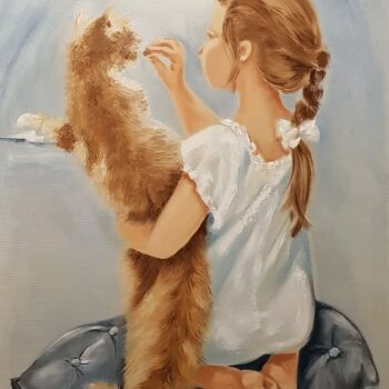 Pintura titulada "Girl with a red cat." por Irina Oleynik, Obra de arte original, Oleo