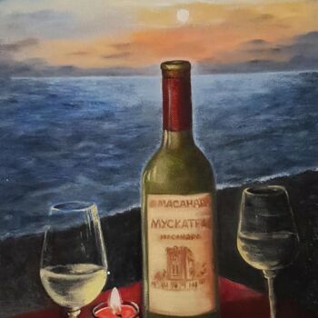 Ζωγραφική με τίτλο "Wine bottle Romanti…" από Irina Oleynik, Αυθεντικά έργα τέχνης, Λάδι