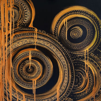 「Gold Rings」というタイトルのデジタルアーツ Irina Ziborovaによって, オリジナルのアートワーク, デジタル絵画 ウッドストレッチャーフレームにマウント