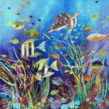 Schilderij getiteld "Tropical Fish 3" door Irina Rumyantseva, Origineel Kunstwerk, Acryl Gemonteerd op Frame voor houten bra…