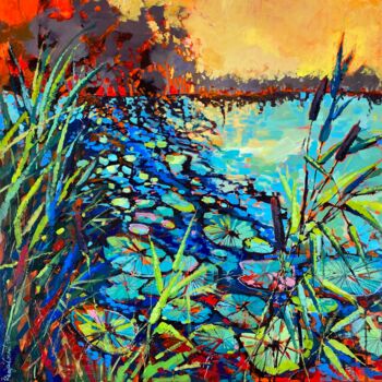 Malerei mit dem Titel "Sunset Lake" von Irina Rumyantseva, Original-Kunstwerk, Acryl Auf Keilrahmen aus Holz montiert