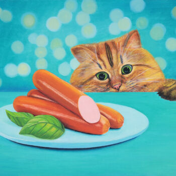 Pintura titulada "Cat and sausages" por Iryna Bohdanova, Obra de arte original, Oleo