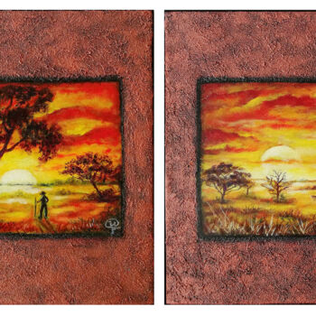 Ζωγραφική με τίτλο "Kenyan Sunset" από Iryna Fedarava, Αυθεντικά έργα τέχνης, Λάδι Τοποθετήθηκε στο Ξύλινο φορείο σκελετό