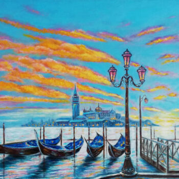 Schilderij getiteld "Sunset in Venice" door Iryna Fedarava, Origineel Kunstwerk, Olie Gemonteerd op Frame voor houten branca…