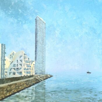 Painting titled "City and sea. Aarhus" by Iryna Makhovska, Original Artwork, Acrylic Mounted on Wood Stretcher frame