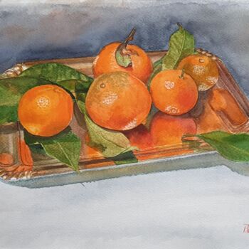Pintura intitulada "Tangerines on a tray" por Iryna Tsai, Obras de arte originais, Aquarela