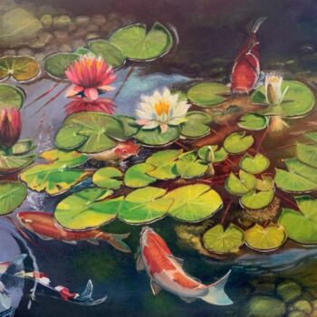 Peinture intitulée "Koï dans un étang d…" par Iryna Tsai, Œuvre d'art originale, Huile Monté sur Châssis en bois