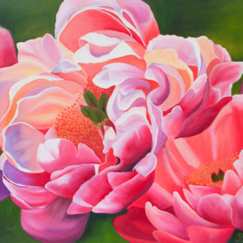 Schilderij getiteld "Peonies in the gard…" door Iryna Bila, Origineel Kunstwerk, Olie Gemonteerd op Frame voor houten branca…