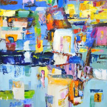 Painting titled "Evening in the city." by Iryna Kastsova, Original Artwork, Oil Mounted on Wood Stretcher frame